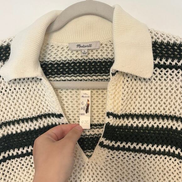 NWT Madewell Open-Stitch Johnny Collar Sweater In Summit Green Stripe Size Large - Picture 4 of 6
